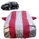 Autofact Etios Liva Car Cover - FlexGuard - Waterproof Car Body Cover for Toyota Etios Liva - With Mirror Pockets, Triple Stitched, Bottom Fully Elastic, Adjustable Belt and Buckle (Silver / Pink Stripes)