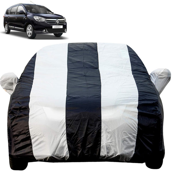 Autofact Lodgy Car Cover - EasyShield - Car Body Cover for Renaults Lodgy - With Mirror Pockets, Triple Stitched, Bottom Fully Elastic, Adjustable Belt and Buckle (White Blue Stripes)