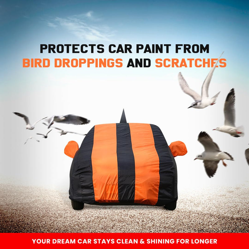 Autofact Swift Car Cover - EasyShield - Car Body Cover for Maruti Swift - With Mirror Pockets, Triple Stitched, Bottom Fully Elastic, Adjustable Belt and Buckle (Orange Blue Stripes)
