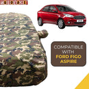 Autofact Figo Aspire Car Cover - TearTough - Dog Proof / Waterproof Car Body Cover for Ford Figo Aspire - With Mirror Pockets, Triple Stitched, Bottom Fully Elastic, Adjustable Belt and Buckle (Jungle Print 4x4)