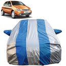 Autofact Indica Car Cover - FlexGuard - Waterproof Car Body Cover for Tata Indica - With Mirror Pockets, Triple Stitched, Bottom Fully Elastic, Adjustable Belt and Buckle (Silver / Blue Stripes)