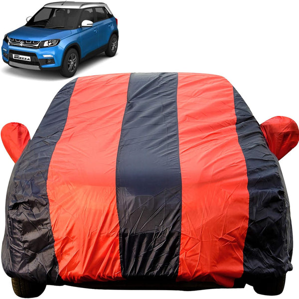 Autofact Brezza Car Cover - EasyShield - Car Body Cover for Maruti Brezza - With Mirror Pockets, Triple Stitched, Bottom Fully Elastic, Adjustable Belt and Buckle (Red Blue Stripes)