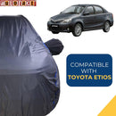 Autofact Etios Car Cover - CoreProtect - Water Resistant Car Body Cover for Toyota Etios - With Mirror Pockets, Triple Stitched, Bottom Fully Elastic, Adjustable Belt and Buckle (Grey 210D)
