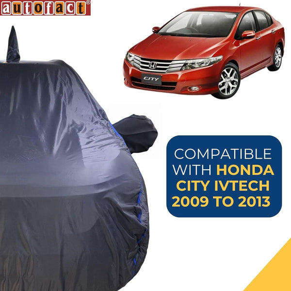 Autofact City Ivtech Car Cover - CoreProtect - Water Resistant Car Body Cover for Honda City Ivtech - With Mirror & Antenna Pockets, Triple Stitched, Bottom Fully Elastic, Adjustable Belt and Buckle (Grey 210D)