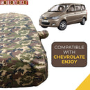Autofact Enjoy Car Cover - TearTough - Dog Proof / Waterproof Car Body Cover for Chevrolet Enjoy - With Mirror Pockets, Triple Stitched, Bottom Fully Elastic, Adjustable Belt and Buckle (Jungle Print 4x4)