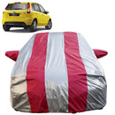 Autofact Figo Old Model Car Cover - FlexGuard - Waterproof Car Body Cover for Ford Figo Old Model - With Mirror Pockets, Triple Stitched, Bottom Fully Elastic, Adjustable Belt and Buckle (Silver / Pink Stripes)