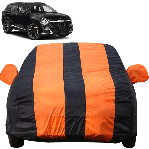 Autofact Sportage Car Cover - EasyShield - Car Body Cover for Kia Sportage - With Mirror Pockets, Triple Stitched, Bottom Fully Elastic, Adjustable Belt and Buckle (Orange Blue Stripes)