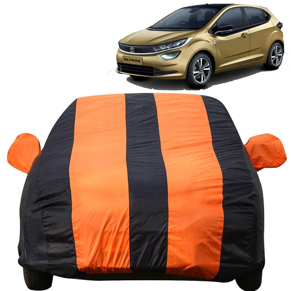 Autofact Altroz Car Cover - EasyShield - Car Body Cover for Tata Altroz - With Mirror Pockets, Triple Stitched, Bottom Fully Elastic, Adjustable Belt and Buckle (Orange Blue Stripes)