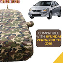 Autofact Verna Fludic Car Cover - TearTough - Dog Proof / Waterproof Car Body Cover for Hyundai Verna Fludic - With Mirror & Antenna Pockets, Triple Stitched, Bottom Fully Elastic, Adjustable Belt and Buckle (Jungle Print 4x4)