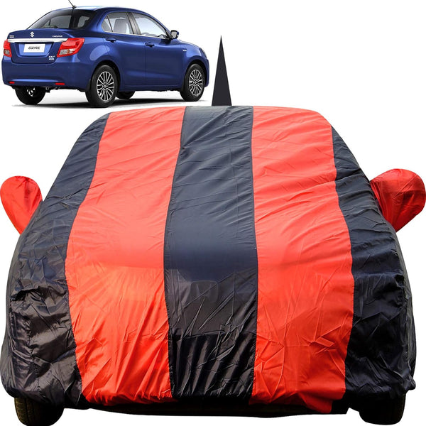 Autofact Swift Dzire New Model Car Cover - EasyShield - Car Body Cover for Maruti Swift Dzire New Model - With Mirror Pockets, Triple Stitched, Bottom Fully Elastic, Adjustable Belt and Buckle (Red Blue Stripes)