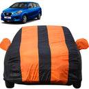 Autofact Datsun Go Plus Car Cover - EasyShield - Car Body Cover for Nissan Datsun Go Plus - With Mirror Pockets, Triple Stitched, Bottom Fully Elastic, Adjustable Belt and Buckle (Orange Blue Stripes)