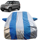 Autofact TUV 300 Car Cover - FlexGuard - Waterproof Car Body Cover for Mahindra TUV 300 - With Mirror Pockets, Triple Stitched, Bottom Fully Elastic, Adjustable Belt and Buckle (Silver / Blue Stripes)