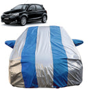 Autofact Etios Liva Car Cover - FlexGuard - Waterproof Car Body Cover for Toyota Etios Liva - With Mirror Pockets, Triple Stitched, Bottom Fully Elastic, Adjustable Belt and Buckle (Silver / Blue Stripes)