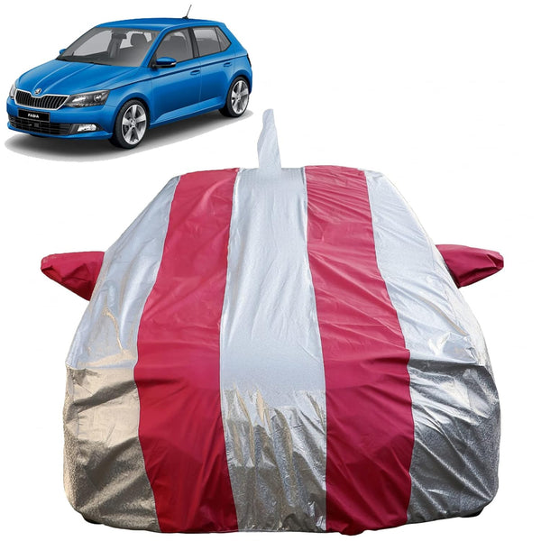 Autofact Fabia Car Cover - FlexGuard - Waterproof Car Body Cover for Skoda Fabia - With Mirror & Antenna Pockets, Triple Stitched, Bottom Fully Elastic, Adjustable Belt and Buckle (Silver / Pink Stripes)