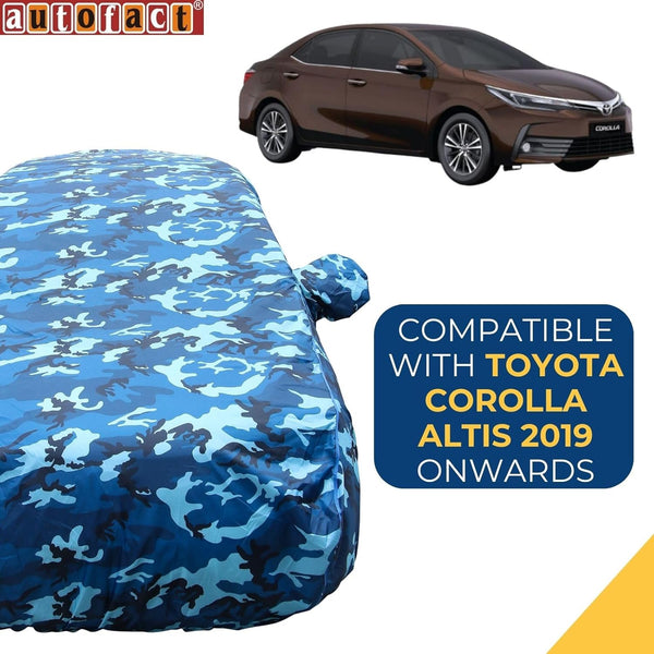 Autofact Corolla Altis Car Cover - TearTough - Dog Proof / Waterproof Car Body Cover for Toyota Corolla Altis - With Mirror Pockets, Triple Stitched, Bottom Fully Elastic, Adjustable Belt and Buckle (Airforce Blue 4x4)