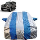 Autofact Scorpio Car Cover - FlexGuard - Waterproof Car Body Cover for Mahindra Scorpio - With Mirror Pockets, Triple Stitched, Bottom Fully Elastic, Adjustable Belt and Buckle (Silver / Blue Stripes)