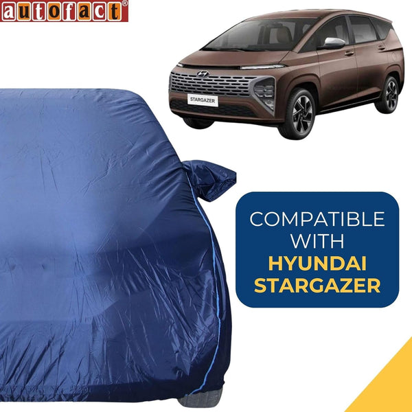 Autofact Stargazer Car Cover - CoreProtect - Water Resistant Car Body Cover for Hyundai Stargazer - With Mirror Pockets, Triple Stitched, Bottom Fully Elastic, Adjustable Belt and Buckle (Navy 210D)
