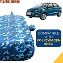 Autofact Ameo Car Cover - TearTough - Dog Proof / Waterproof Car Body Cover for Volkswagen Ameo - With Mirror & Antenna Pockets, Triple Stitched, Bottom Fully Elastic, Adjustable Belt and Buckle (Airforce Blue 4x4)