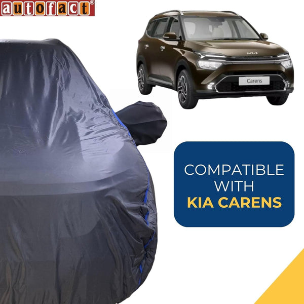 Autofact Carens Car Cover - CoreProtect - Water Resistant Car Body Cover for Kia Carens - With Mirror Pockets, Triple Stitched, Bottom Fully Elastic, Adjustable Belt and Buckle (Grey 210D)