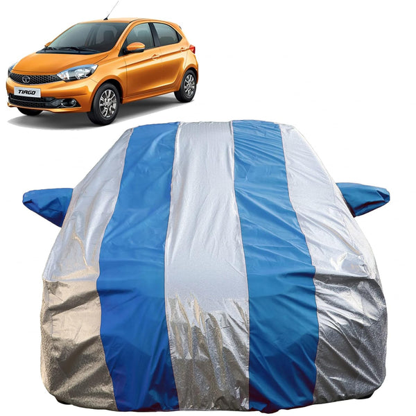 Autofact Tiago Car Cover - FlexGuard - Waterproof Car Body Cover for Tata Tiago - With Mirror Pockets, Triple Stitched, Bottom Fully Elastic, Adjustable Belt and Buckle (Silver / Blue Stripes)