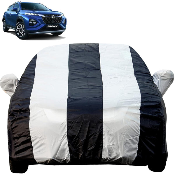 Autofact Fronx Car Cover - EasyShield - Car Body Cover for Maruti Fronx - With Mirror Pockets, Triple Stitched, Bottom Fully Elastic, Adjustable Belt and Buckle (White Blue Stripes)