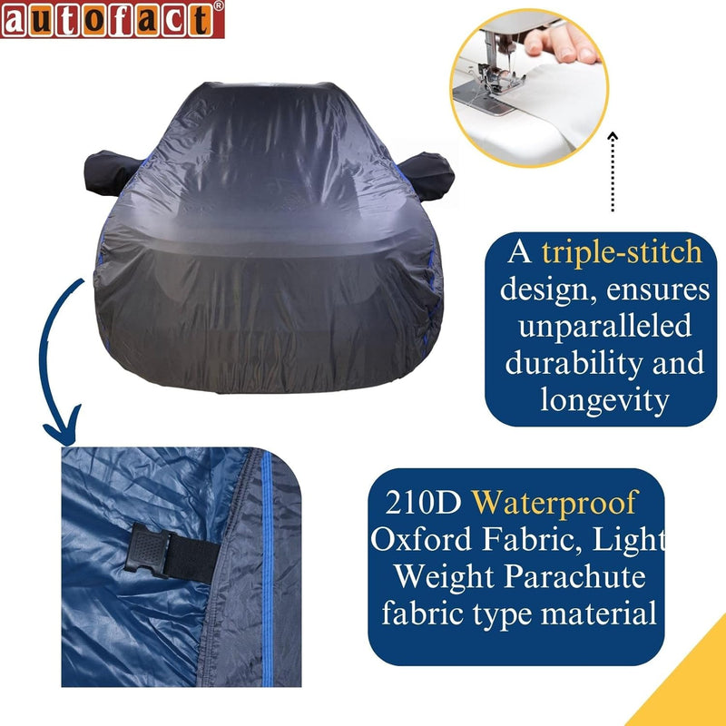 Autofact Scorpio Car Cover - CoreProtect - Water Resistant Car Body Cover for Mahindra Scorpio - With Mirror Pockets, Triple Stitched, Bottom Fully Elastic, Adjustable Belt and Buckle (Grey 210D)