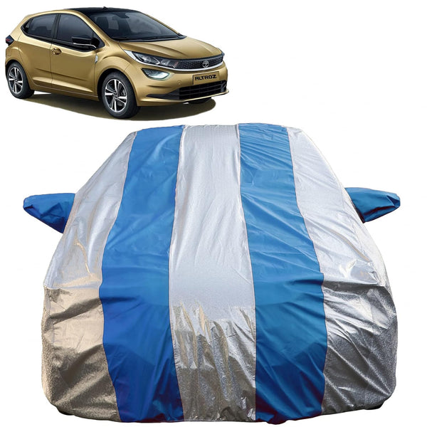 Autofact Altroz Car Cover - FlexGuard - Waterproof Car Body Cover for Tata Altroz - With Mirror Pockets, Triple Stitched, Bottom Fully Elastic, Adjustable Belt and Buckle (Silver / Blue Stripes)