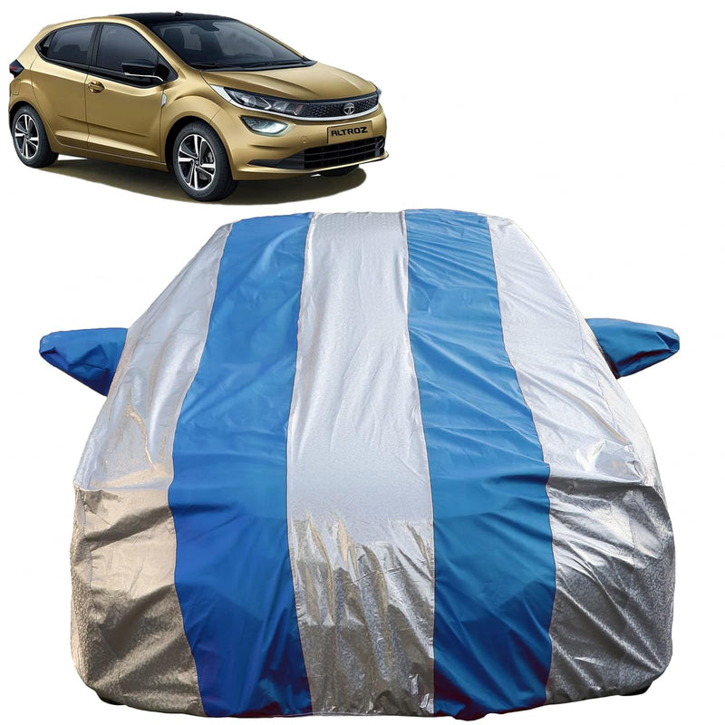 Autofact Altroz Car Cover - FlexGuard - Waterproof Car Body Cover for Tata Altroz - With Mirror Pockets, Triple Stitched, Bottom Fully Elastic, Adjustable Belt and Buckle (Silver / Blue Stripes)