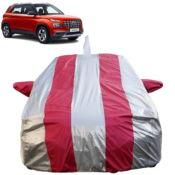 Autofact Venue Car Cover - FlexGuard - Waterproof Car Body Cover for Hyundai Venue - With Mirror & Antenna Pockets, Triple Stitched, Bottom Fully Elastic, Adjustable Belt and Buckle (Silver / Pink Stripes)