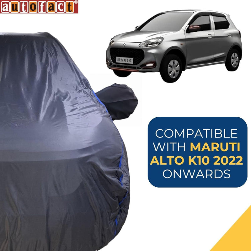Autofact Alto K10 New Model Car Cover - CoreProtect - Water Resistant Car Body Cover for Maruti Alto K10 New Model - With Mirror Pockets, Triple Stitched, Bottom Fully Elastic, Adjustable Belt and Buckle (Grey 210D)