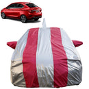 Autofact Tigor Car Cover - FlexGuard - Waterproof Car Body Cover for Tata Tigor - With Mirror & Antenna Pockets, Triple Stitched, Bottom Fully Elastic, Adjustable Belt and Buckle (Silver / Pink Stripes)