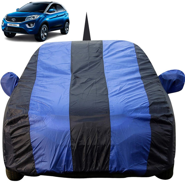 Autofact Nexon Car Cover - EasyShield - Car Body Cover for Tata Nexon - With Mirror Pockets, Triple Stitched, Bottom Fully Elastic, Adjustable Belt and Buckle (Royal Blue Stripes)