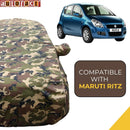 Autofact Ritz Car Cover - TearTough - Dog Proof / Waterproof Car Body Cover for Maruti Ritz - With Mirror Pockets, Triple Stitched, Bottom Fully Elastic, Adjustable Belt and Buckle (Jungle Print 4x4)