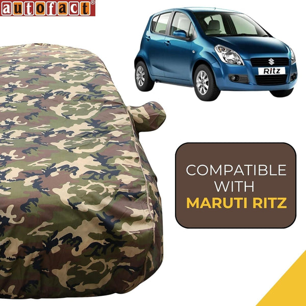 Autofact Ritz Car Cover - TearTough - Dog Proof / Waterproof Car Body Cover for Maruti Ritz - With Mirror Pockets, Triple Stitched, Bottom Fully Elastic, Adjustable Belt and Buckle (Jungle Print 4x4)