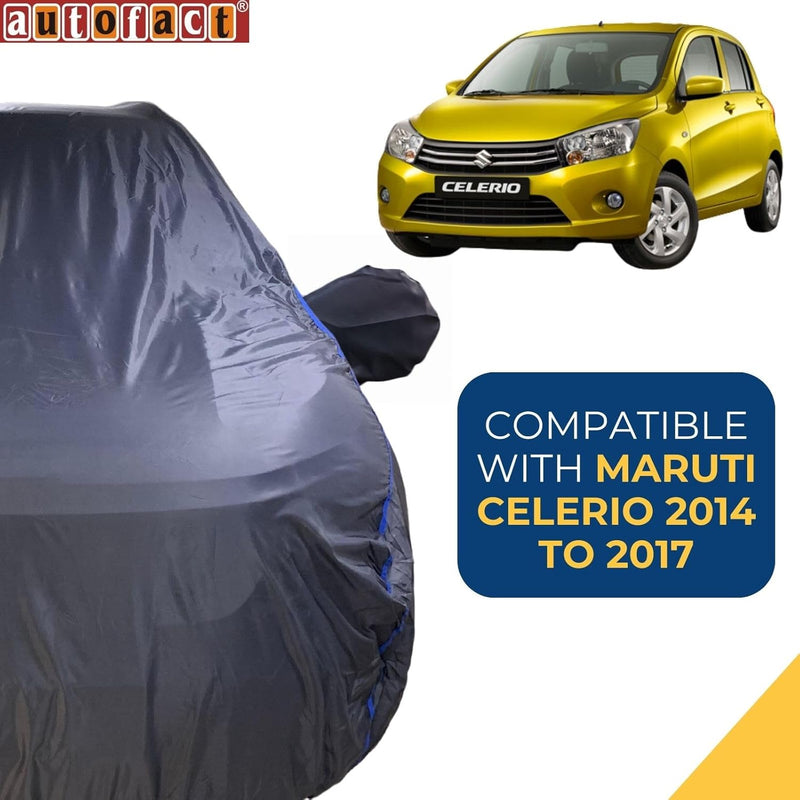 Autofact Celerio Old Model Car Cover - CoreProtect - Water Resistant Car Body Cover for Maruti Celerio Old Model - With Mirror Pockets, Triple Stitched, Bottom Fully Elastic, Adjustable Belt and Buckle (Grey 210D)