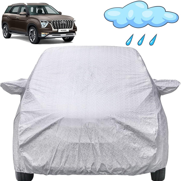 Autofact Alcazar Car Cover - FlexGuard - Waterproof Car Body Cover for Hyundai Alcazar - With Mirror Pockets, Triple Stitched, Bottom Fully Elastic, Adjustable Belt and Buckle (Silver)