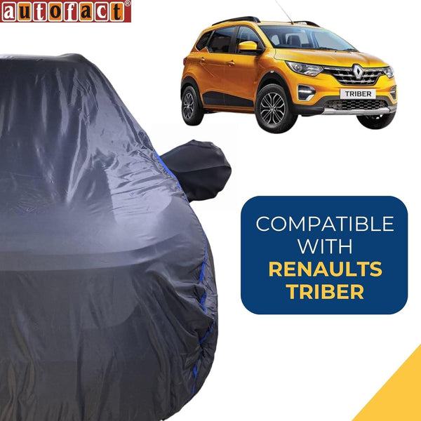 Autofact Triber Car Cover - CoreProtect - Water Resistant Car Body Cover for Renaults Triber - With Mirror Pockets, Triple Stitched, Bottom Fully Elastic, Adjustable Belt and Buckle (Grey 210D)
