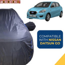 Autofact Datsun Go Car Cover - CoreProtect - Water Resistant Car Body Cover for Nissan Datsun Go - With Mirror Pockets, Triple Stitched, Bottom Fully Elastic, Adjustable Belt and Buckle (Grey 210D)
