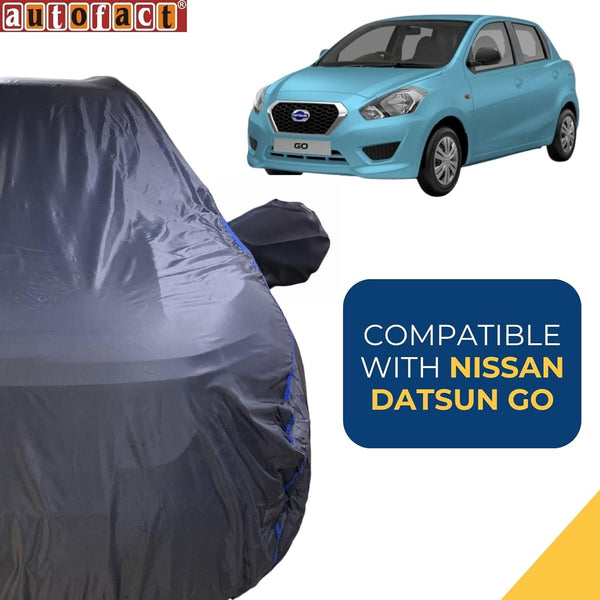 Autofact Datsun Go Car Cover - CoreProtect - Water Resistant Car Body Cover for Nissan Datsun Go - With Mirror Pockets, Triple Stitched, Bottom Fully Elastic, Adjustable Belt and Buckle (Grey 210D)