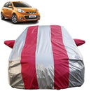 Autofact Micra Car Cover - FlexGuard - Waterproof Car Body Cover for Nissan Micra - With Mirror Pockets, Triple Stitched, Bottom Fully Elastic, Adjustable Belt and Buckle (Silver / Pink Stripes)