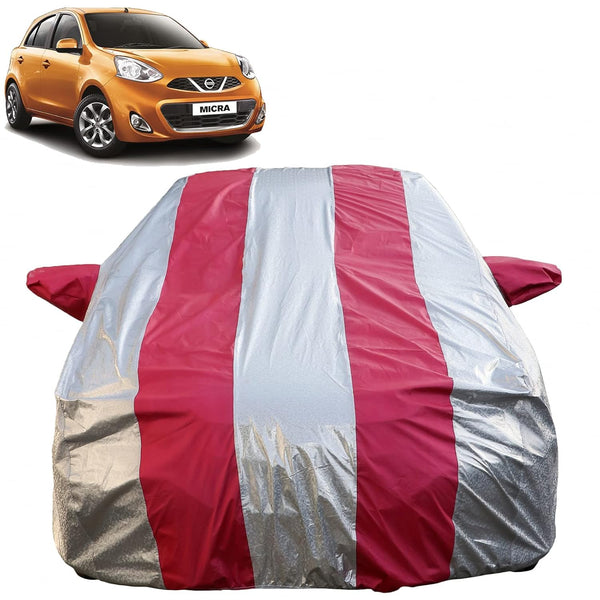 Autofact Micra Car Cover - FlexGuard - Waterproof Car Body Cover for Nissan Micra - With Mirror Pockets, Triple Stitched, Bottom Fully Elastic, Adjustable Belt and Buckle (Silver / Pink Stripes)