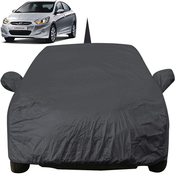 Autofact Verna Fludic Car Cover - EasyShield - Car Body Cover for Hyundai Verna Fludic - With Mirror Pockets, Triple Stitched, Bottom Fully Elastic, Adjustable Belt and Buckle (Grey 190T)