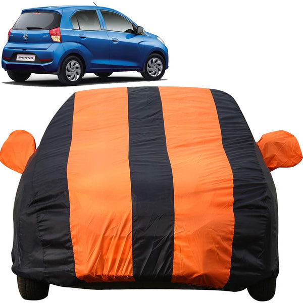 Autofact New Santro Car Cover - EasyShield - Car Body Cover for Hyundai New Santro - With Mirror Pockets, Triple Stitched, Bottom Fully Elastic, Adjustable Belt and Buckle (Orange Blue Stripes)