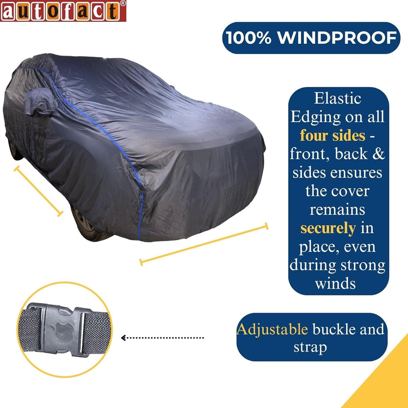 Autofact Wagon r / Wagonr Car Cover - CoreProtect - Water Resistant Car Body Cover for Maruti Wagon r / Wagonr - With Mirror Pockets, Triple Stitched, Bottom Fully Elastic, Adjustable Belt and Buckle (Grey 210D)