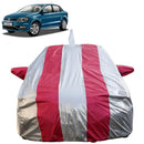 Autofact Ameo Car Cover - FlexGuard - Waterproof Car Body Cover for Volkswagen Ameo - With Mirror & Antenna Pockets, Triple Stitched, Bottom Fully Elastic, Adjustable Belt and Buckle (Silver / Pink Stripes)