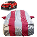 Autofact Kwid Car Cover - FlexGuard - Waterproof Car Body Cover for Renaults Kwid - With Mirror Pockets, Triple Stitched, Bottom Fully Elastic, Adjustable Belt and Buckle (Silver / Pink Stripes)