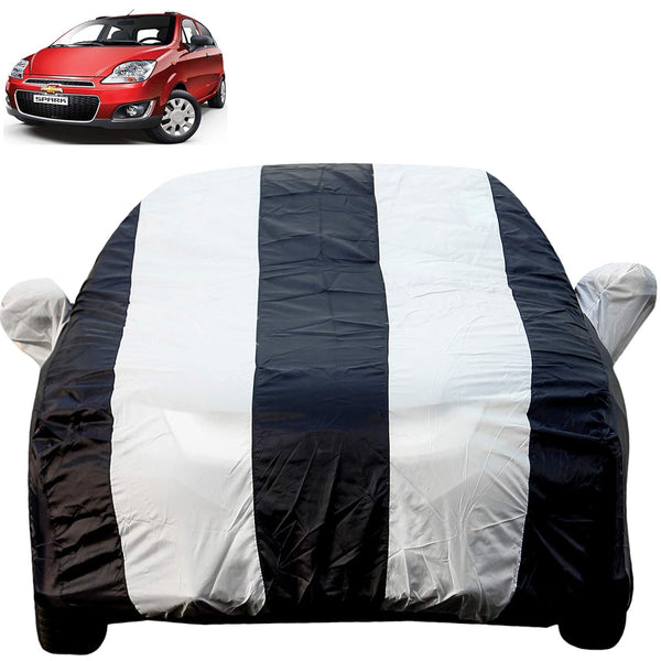 Autofact Spark Car Cover - EasyShield - Car Body Cover for Chevrolet Spark - With Mirror Pockets, Triple Stitched, Bottom Fully Elastic, Adjustable Belt and Buckle (White Blue Stripes)