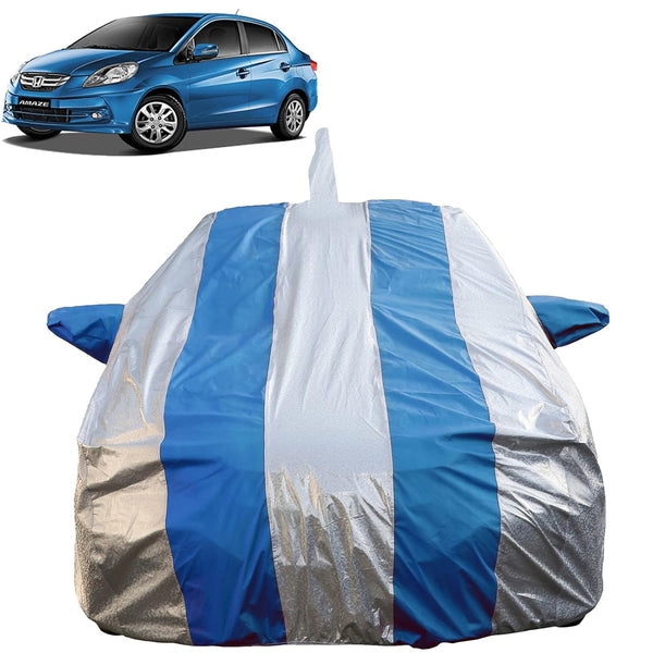 Autofact Amaze Old Model Car Cover - FlexGuard - Waterproof Car Body Cover for Honda Amaze Old Model - With Mirror & Antenna Pockets, Triple Stitched, Bottom Fully Elastic, Adjustable Belt and Buckle (Silver / Blue Stripes)
