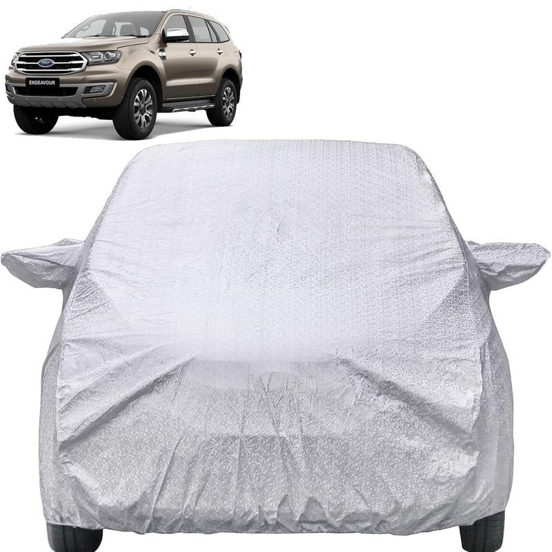 Autofact Endeavour Car Cover - FlexGuard - Waterproof Car Body Cover for Ford Endeavour - With Mirror Pockets, Triple Stitched, Bottom Fully Elastic, Adjustable Belt and Buckle (Silver)