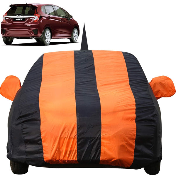 Autofact Jazz Car Cover - EasyShield - Car Body Cover for Honda Jazz - With Mirror Pockets, Triple Stitched, Bottom Fully Elastic, Adjustable Belt and Buckle (Orange Blue Stripes)